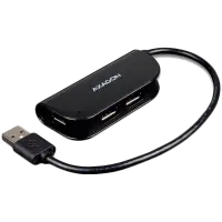 Handy four-port USB 2.0 hub with a permanently connected USB cable. Black.
