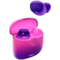 TCL In-Ear True Wireless Bluetooth Headset, Frequency of response 9-22K, Sensitivity 100 dB, Driver Size 5.8mm, Impedence 13 Ohm, Max power input 20mW, Playtime 6.5h/26h, IPX4, Bluetooth 5.0, A2DP, AVRCP, HFP, HS, USB-C, Color Sunrise Purple