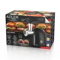 Adler | Meat mincer | AD 4811 | Black | 600 W | Number of speeds 1 | Throughput (kg/min) 1.8 | 3 replaceable sieves: 3mm for grinding poppies and preparing meat and vegetable stuffing; 5mm for meatballs, Roman roast and beef burgers; 7mm for coarsely ground sausages, offal sausages and pates; Charging tray; Pusher – pilt 5