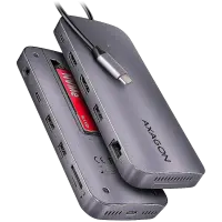 AXAGON Multiport USB-C 10Gbps hub. NVMe/SATA M.2, HDMI and DisplayPort. Cable USB-C 50 cm.