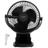 Adler Rechargeable Clip-on Desk Fan | AD 7342 | Table Fan | 5 W | Diameter 15.5 cm | Number of speeds 3 | Oscillation | Black