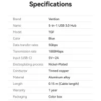 I/O HUB 5-IN-1 USB 3.0/0.15M TGFSB VENTION – pilt 5