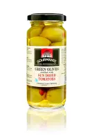 Oliivid GOURMANTE rohelised päikesekuivatatud tomatitega soolvees, 244ml