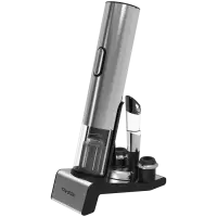 Prestigio Garda, smart wine opener, simple operation with 2 buttons, aerator, vacuum stopper preserver, foil cutter, opens up to 50 bottles wihout recharging, premium design, 500mAh battery, Dimensions D 17mm* H 290mm* W100 mm, silver color.