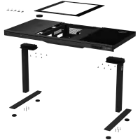 Dual-motor sit/stand adjustable-height gaming desk with built-in PC case, wireless charger, RGB lighting, control panel, and USB ports, tempered glass tabletop, black.