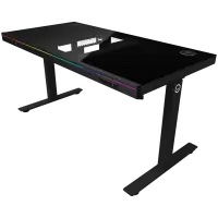 Dual-motor sit/stand adjustable-height gaming desk with built-in PC case, wireless charger, RGB lighting, control panel, and USB ports, tempered glass tabletop, black. – pilt 4