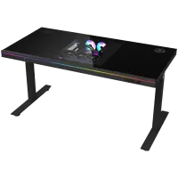 Dual-motor sit/stand adjustable-height gaming desk with built-in PC case, wireless charger, RGB lighting, control panel, and USB ports, tempered glass tabletop, black.