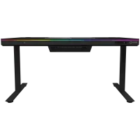 Dual-motor sit/stand adjustable-height gaming desk with built-in PC case, wireless charger, RGB lighting, control panel, and USB ports, tempered glass tabletop, black. – pilt 6