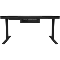 Dual-motor sit/stand adjustable-height gaming desk with built-in PC case, wireless charger, RGB lighting, control panel, and USB ports, tempered glass tabletop, black. – pilt 7