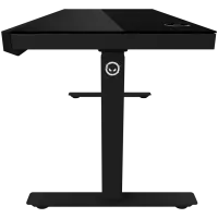 Dual-motor sit/stand adjustable-height gaming desk with wireless charger, RGB lighting, control panel, and USB ports, solid tempered glass tabletop, black.
