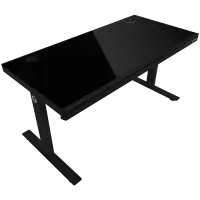 Dual-motor sit/stand adjustable-height gaming desk with wireless charger, RGB lighting, control panel, and USB ports, solid tempered glass tabletop, black. – pilt 2