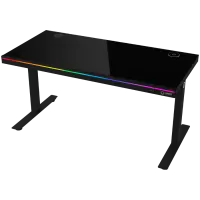 Dual-motor sit/stand adjustable-height gaming desk with wireless charger, RGB lighting, control panel, and USB ports, solid tempered glass tabletop, black.