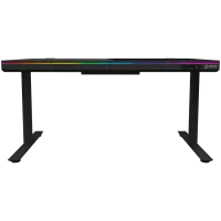 Dual-motor sit/stand adjustable-height gaming desk with wireless charger, RGB lighting, control panel, and USB ports, solid tempered glass tabletop, black. – pilt 7