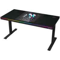 Dual-motor sit/stand adjustable-height gaming desk with built-in PC case, wireless charger, RGB lighting, control panel, and USB ports, PB melamine surface tabletop, black.