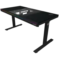 Dual-motor sit/stand adjustable-height gaming desk with built-in PC case, wireless charger, RGB lighting, control panel, and USB ports, PB melamine surface tabletop, black. – pilt 2