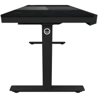 Dual-motor sit/stand adjustable-height gaming desk with built-in PC case, wireless charger, RGB lighting, control panel, and USB ports, PB melamine surface tabletop, black. – pilt 3