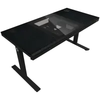 Dual-motor sit/stand adjustable-height gaming desk with built-in PC case, wireless charger, RGB lighting, control panel, and USB ports, PB melamine surface tabletop, black. – pilt 4