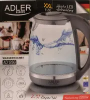 SALE OUT. Adler AD 1286 Kettle, Electric, Power 2200W, Capacity 2 L, Glass, Grey | SALE OUT. | Adler Kettle | AD 1286 | Standard | 2200 W | 2 L | Plastic/Glass | 360° rotational base | Grey | DAMAGED PACKAGING