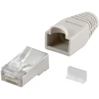 Goobay 68746  RJ45 plug, CAT 5e STP shielded with strain-relief boot, grey | for round cable with Threader   cable lead in 6.4 mm single packed (1 set per polybag)  Technical specifications  Connections  Connection, type  RJ45 male (8P8C)   Connection, contact material  gold-plated 3µ   Contacting  8 Pin   Cable  Specification  CAT 5e   Shielding c