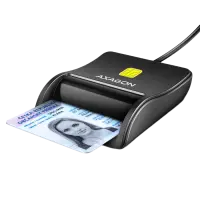 Compact desktop USB contact Smart / ID card reader with long, USB-A cable.