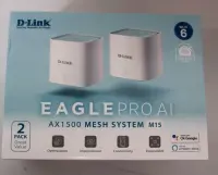 SALE OUT. D-Link M15-2 EAGLE PRO AI AX1500 Mesh System D-Link EAGLE PRO AI AX1500 Mesh System M15-2 (2-pack) 802.11ax 1200+300 Mbit/s 10/100/1000 Mbit/s Ethernet LAN (RJ-45) ports 1 Mesh Support Yes MU-MiMO Yes No mobile broadband Antenna type 2 x 2.4G WLAN Internal Antenna, 2 x 5G WLAN Internal Antenna UNPACKED, SCRATCHED ON TOP | SALE OUT. D-Link | EAGLE PRO AI AX1500 Mesh System | M15-2 (2-pack) | 802.11ax | 1200+300  Mbit/s | 10/100/1000 Mbit/s | Ethernet LAN (RJ-45) ports 1 | Mesh Support Y