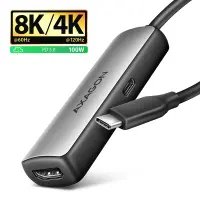 Axagon RVC-HI8KPD, USB-C -> HDMI 2.1 redukce / adaptér, 8K/60Hz, 4K/144Hz, HDR10+, PD100W 0,16 m USB tüüp-C HDMI + USB Type-C