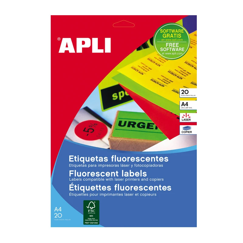 Etiketid Apli iseliimuvad neoon 99,1 x 67,7mm 20l/pk kollane