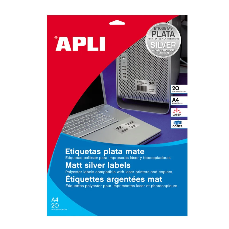 Etiketid Apli 45,7 x 21,2mm, 20 l, ümar nurk, hõbe, v-kindel, laserpr-le