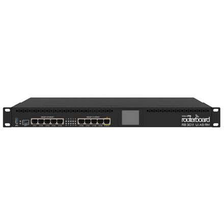 Mikrotik Wired Ethernet Router RB3011UiAS-RM, 1U Rackmount, Dual Core 1.4GHz CPU, 1GB RAM, 128 MB, 10xGigabit LAN, 1xSFP, 1xSerial console port, PoE out on port 10, USB, Touchscreen LCD Panel, PCB temperature and Voltage Monitor, IP20, RouterOS Level5 | Router | RB3011UIAS-RM | No Wi-Fi | Mbit/s | 10/100/1000 Mbit/s | Ethernet LAN (RJ-45) ports 10 