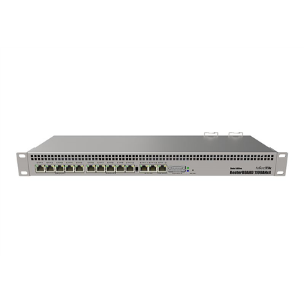 Mikrotik Wired Ethernet Router RB1100AHx4 Dude Edition, 1U Rackmount, Quad core 1.4GHz CPU, 1 GB RAM, 128 MB, 60GB M.2 SSD included, 13xGigabit LAN, 1xSerial console port RS232, 2x SATA3 ports, 2xM.2 slots, PCB Temperature and Voltage Monitor (CAPsMAN, Monitor Devices, Shows Historical Data, Can Write Messeges), IP20, RouterOS L6 | Wired Ethernet R