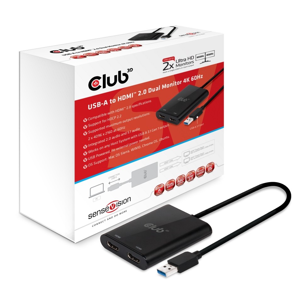 CLUB 3D USB-A to HDMI 2.0 Dual 4K