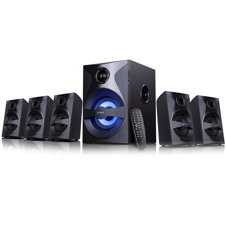 F&D F3800X 5.1 Multimedia Speakers, 80W RMS (10Wx5+30W), 2x3'' Satellites + 5.25'' Subwoofer, BT 5.0/AUX/USB/FM/SD card reader/Multi-color LED/LED Display/Remote Control/Wooden/Black