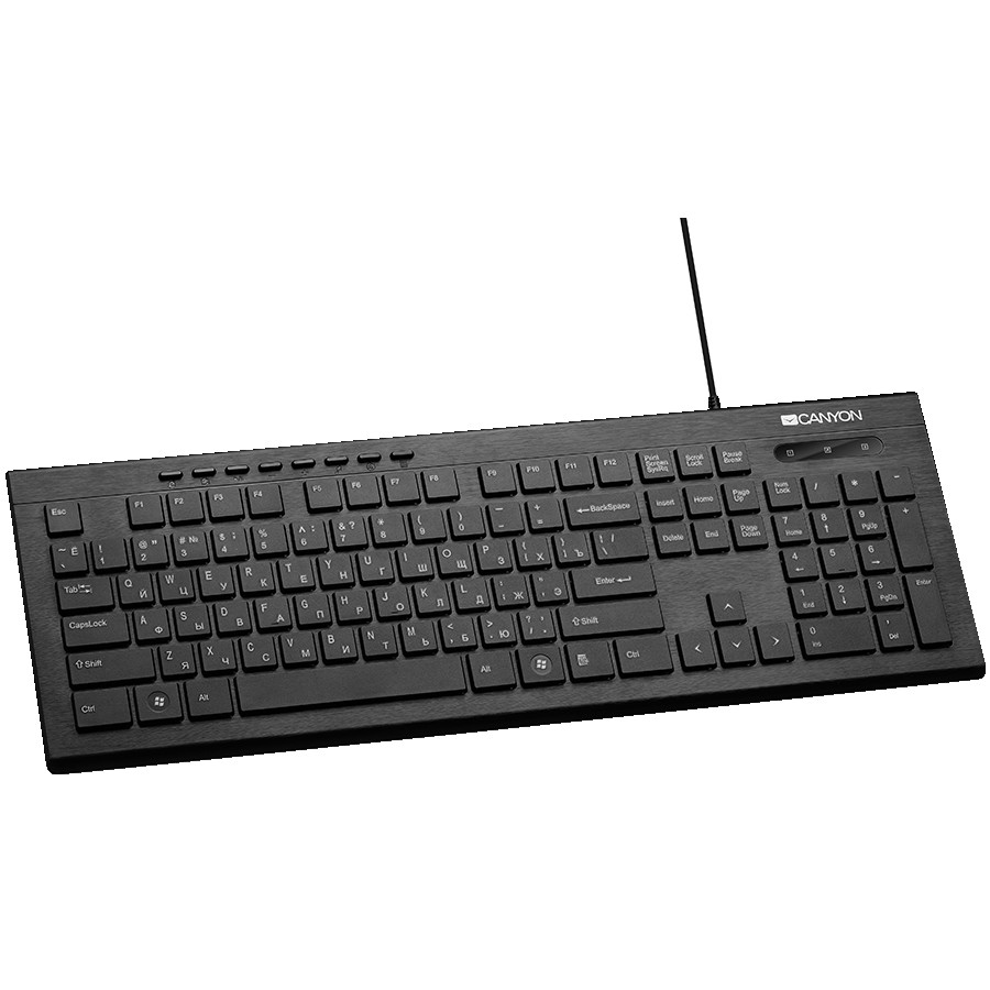 CANYON HKB-2, Multimedia wired keyboard, 104 keys, slim and brushed finish design, side LED backlight, chocolate key caps, RU layout (black), cable length 1.5m, 450*154*22.3mm, 0.53kg