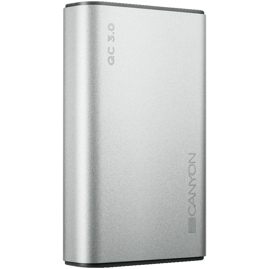 CANYON EOL Power bank 10000mAh Li-polymer battery, Input Micro/PD 18W(Max), Output PD/QC3.0 18W(Max), with Smart IC, Aluminium alloy, cable length 0.24m, 100*62*22mm, 0.25kg, Silver