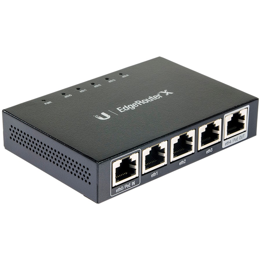 Ubiquiti EdgeRouter X,5-port Gigabit router with advanced network management and security features,1 x GbE with 24V passive PoE RJ45 input,3 x GbE RJ45 ports,1 x GbE PoE passthrough output,CPU Dual-Core 880 MHz MIPS1004Kc,256 MB DDR3 RAM,256 MB NAND