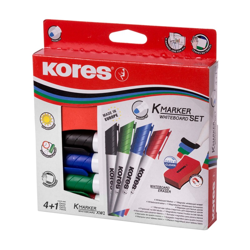 Tahvlimarker Kores K-Marker XW1, kooniline ots, 4 värvi + tahvlipuhastaja