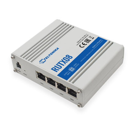 Industrial Router | RUTX08 | No Wi-Fi | 10/100/1000 Mbit/s | Ethernet LAN (RJ-45) ports 4 | Mesh Support No | MU-MiMO No | No mobile broadband | 1 | 24 month(s)