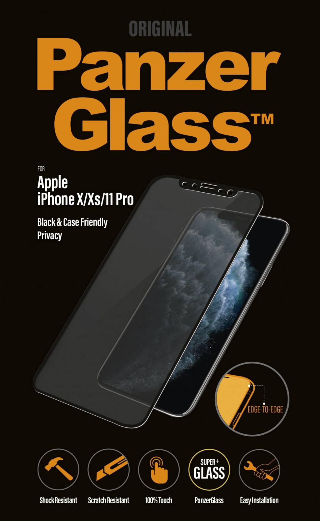 PanzerGlass | P2666 | Screen protector | Apple | iPhone X/Xs/11 Pro | Tempered glass | Black | Confidentiality filter; Full frame coverage; Anti-shatter film (holds the glass together and protects against glass shards in case of breakage); Case Friendly – compatible with all Cases; Anti-glare coating (reduces light reflection); Blue light reduction