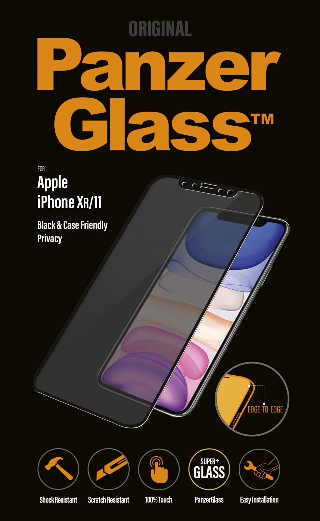 PanzerGlass | P2665 | Screen protector | Apple | iPhone Xr/11 | Tempered glass | Black | Confidentiality filter; Full frame coverage; Anti-shatter film (holds the glass together and protects against glass shards in case of breakage); Case Friendly – compatible with all Cases; Anti-glare coating (reduces light reflection); Blue light reduction; Easy