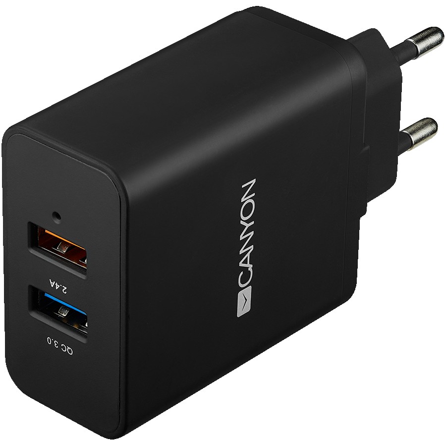 CANYON H-07 Universal 2xUSB AC charger (in wall) with over-voltage protection(1 USB with Quick Charger QC3.0), Input 100V-240V, Output USB/5V-2.4A+QC3.0/5V-2.4A&9V-2A&12V-1.5A, with Smart IC, Black rubber coating+QC3.0 port in blue/other port in orange, 9