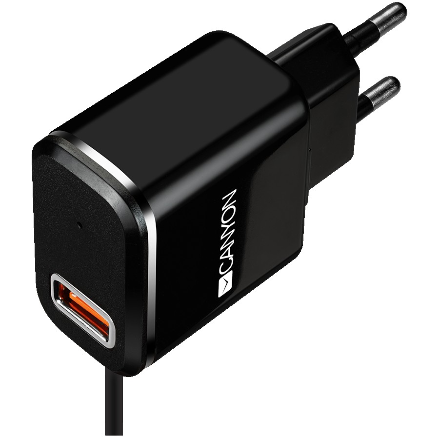 CANYON H-041, Universal 1xUSB AC charger (in wall) with over-voltage protection, plus Micro USB connector, Input 100V-240V, Output 5V-2.1A, with Smart IC, black (silver stripe), cable length 1m, 81*47.2*27mm, 0.059kg