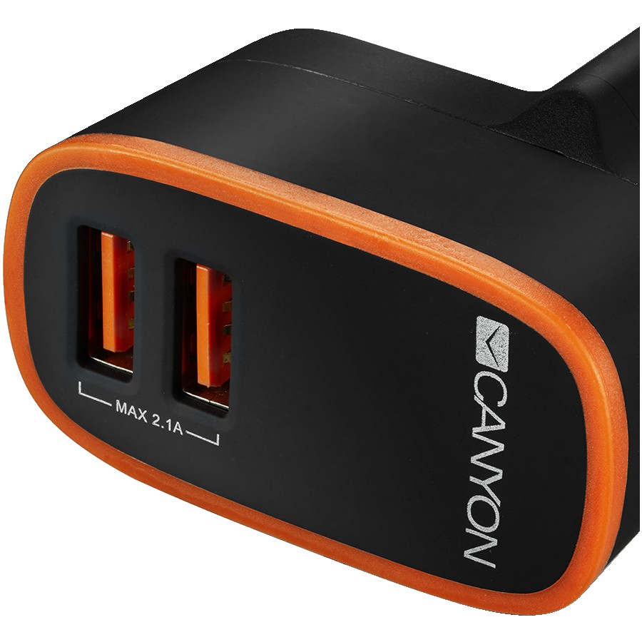 CANYON H-02, Universal 2xUSB AC charger (in wall) with over-voltage protection, Input 100V-240V, Output 5V-2.1A , with Smart IC, black rubber coating with orange stripe, 64*56*34.6mm, 0.041kg