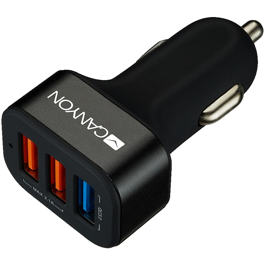 CANYON C-07, Universal 3xUSB car adapter(1 USB with Quick Charger QC3.0),Input 12-24V,Output USB/5V-2.1A+QC3.0/5V-2.4A&9V-2A&12V-1.5A,with Smart IC,black rubber coating+black metal ring+QC3.0 port with blue/other ports in orange,66*35.2*25.1mm,0.025