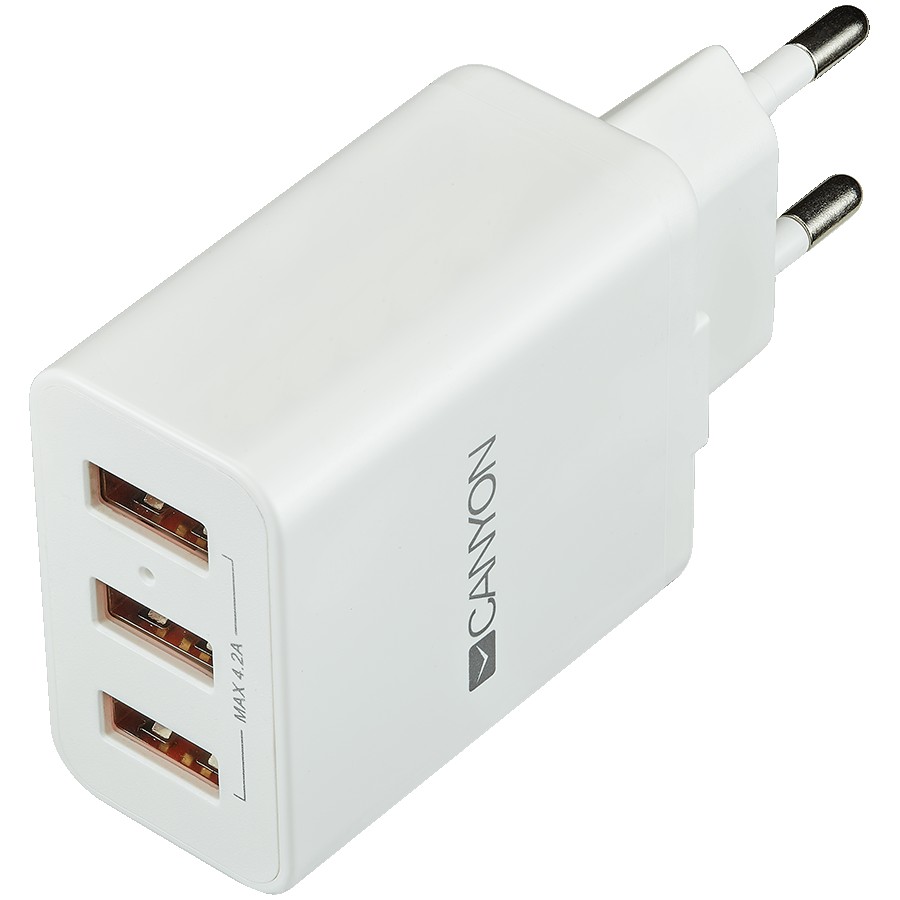 CANYON H-05 Universal 3xUSB AC charger (in wall) with over-voltage protection, Input 100V-240V, Output 5V-4.2A, with Smart IC, white glossy color+ orange plastic part of USB, 89*46.3*27.2mm, 0.063kg