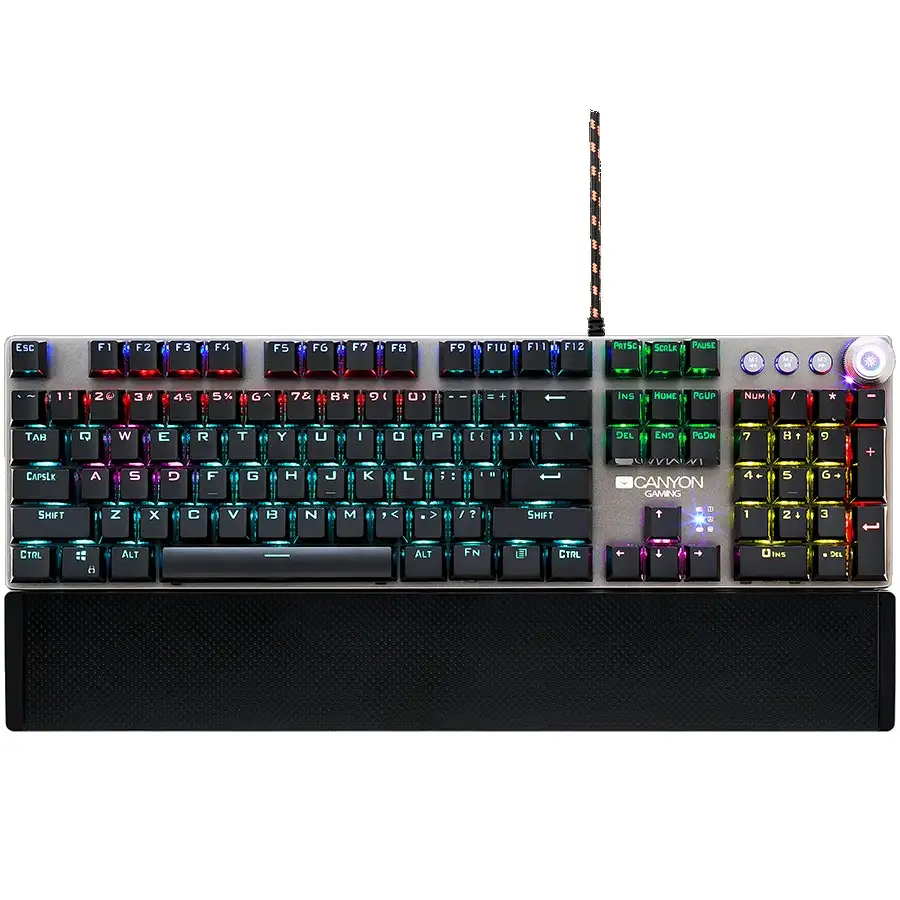 CANYON Nightfall GK-7, Wired Gaming Keyboard,Black 104 mechanical switches,60 million times key life, 22 types of lights,Removable magnetic wrist rest,4 Multifunctional control knob,Trigger actuation 1.5mm,1.6m Braided cable,US layout,dark grey, size:435*125*37.47mm
