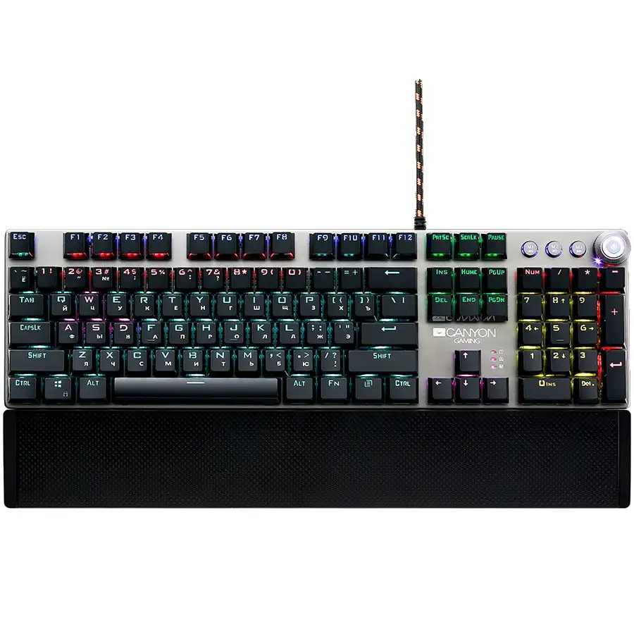 CANYON Nightfall GK-7, Wired Gaming Keyboard,Black 104 mechanical switches,60 million times key life, 22 types of lights,Removable magnetic wrist rest,4 Multifunctional control knobs,Trigger actuation 1.5mm,1.6m Braided cable,RU layout,dark grey, size:435*125*37.47mm, 840g