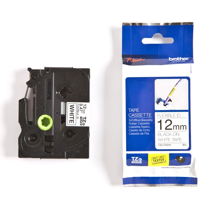 Markeerimislint Brother TZE-FX231 12mm x 8m, must/valgel plastil