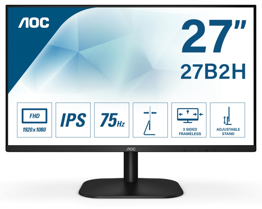 AOC Full HD monitor 27B2H 27 ", IPS, 1920 x 1080 pixels, 16 : 9, 8 ms, 250 cd/m², Black, Headphone out (3.5mm), HDMI ports quantity HDMI 1.4 x 1