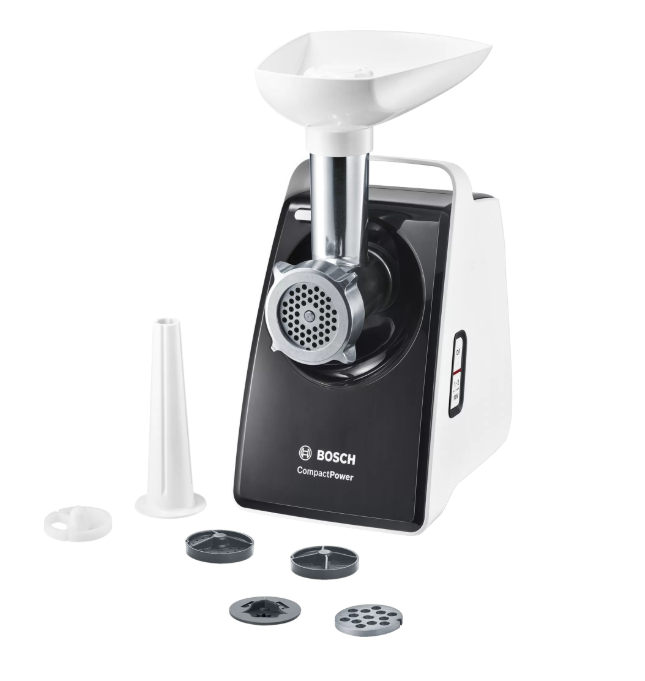 Bosch | Meat mincer CompactPower | MFW3612A | Black | 500 W | Number of speeds 1 | 2 Discs: 4 mm and 8 mm; Sausage filler accessory; pasta nozzle for spaghetti and tagliatelle; cookie nozzle with three different shapes