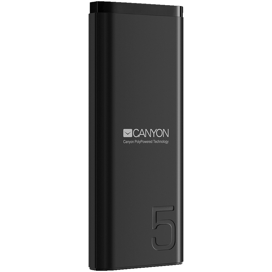 CANYON PB-53 Power bank 5000mAh Li-poly battery, Input 5V/2A, Output 5V/2.1A, with Smart IC, Black, USB cable length 0.25m, 120*52*12mm, 0.120Kg